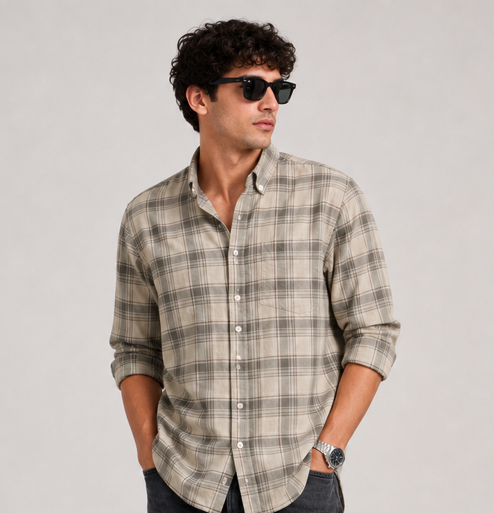 Stone Grey Checked Casual Shirt