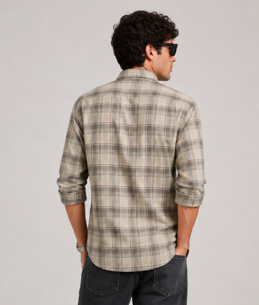 Stone Grey Checked Casual Shirt