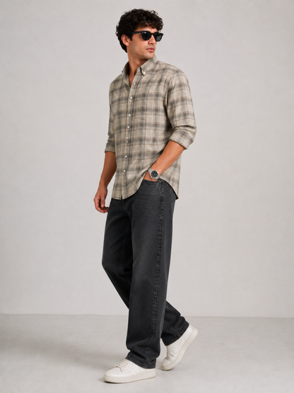 Stone Grey Checked Casual Shirt