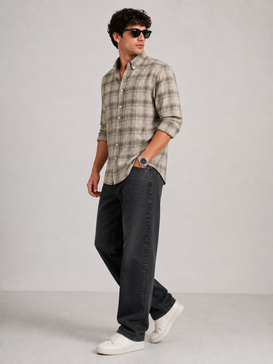 Stone Grey Checked Casual Shirt