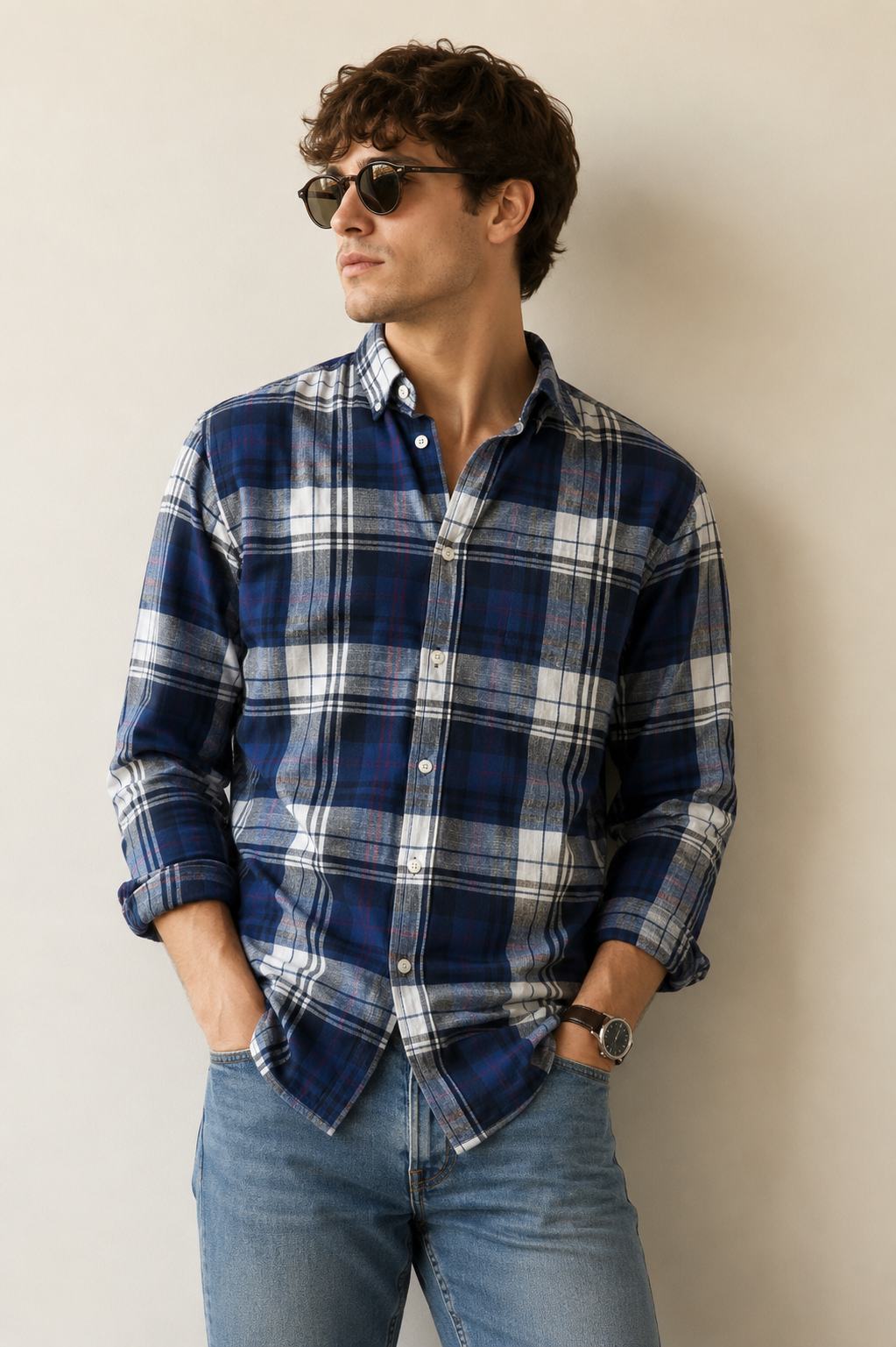 Navy Cotton Checks Shirt