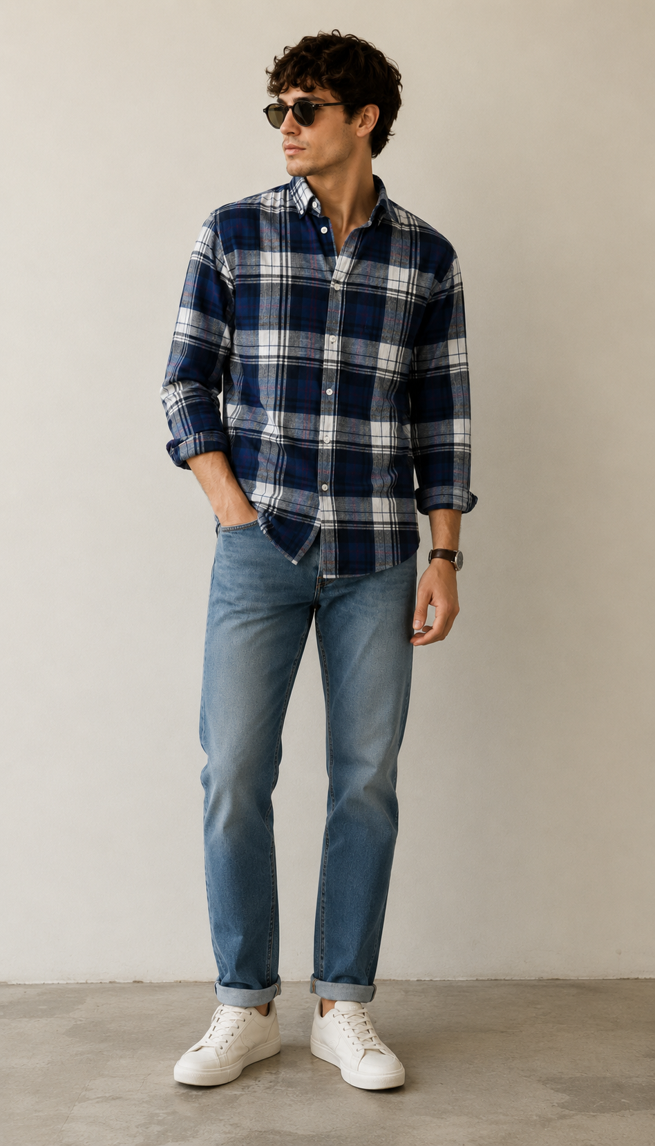 Navy Cotton Checks Shirt