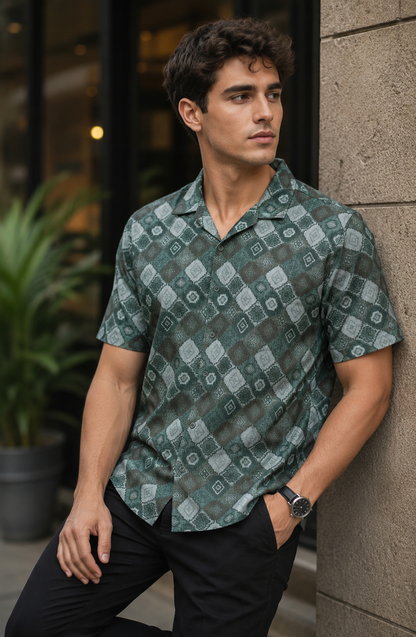 Geometric Print Cuban Collar Shirt