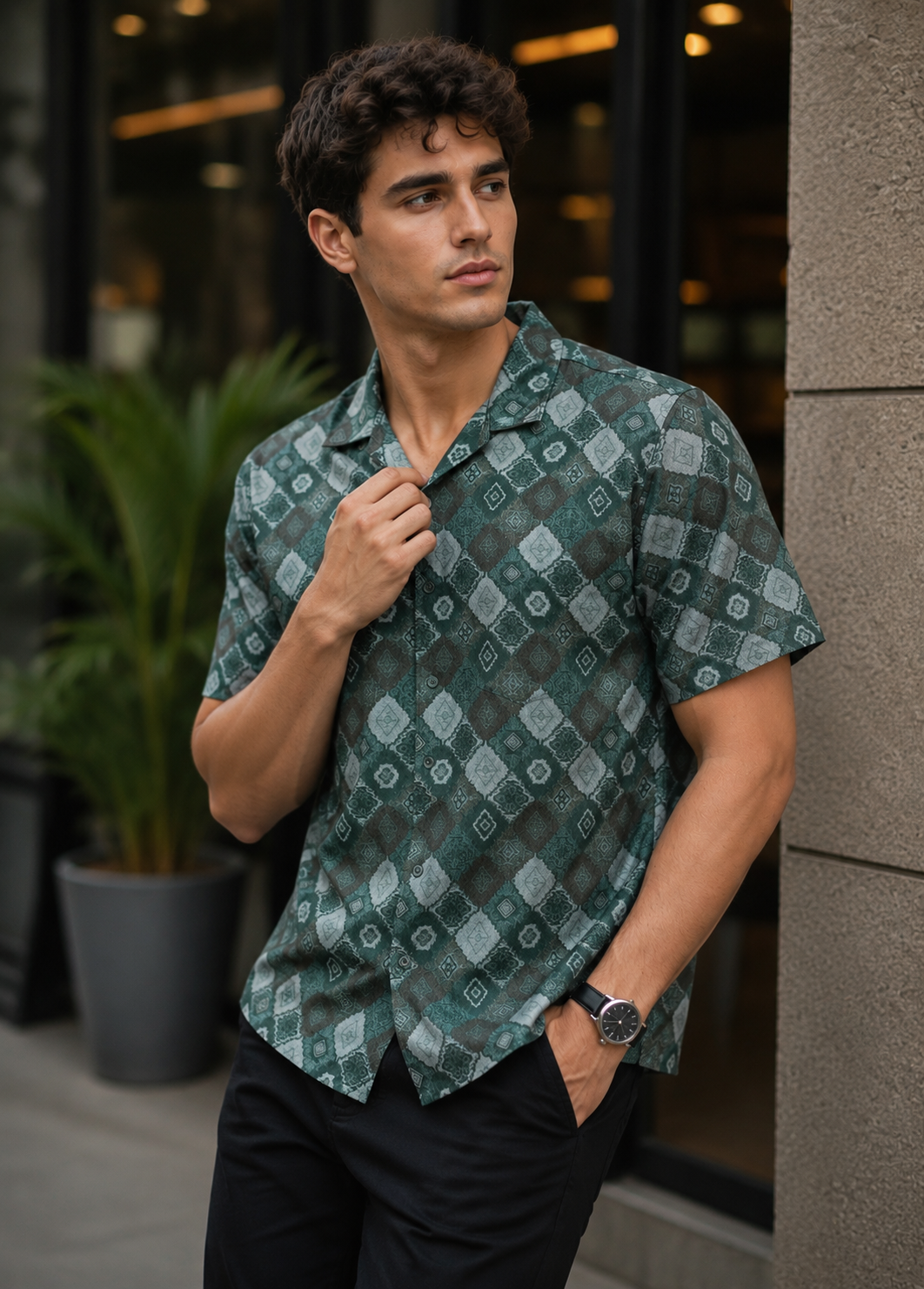 Geometric Print Cuban Collar Shirt