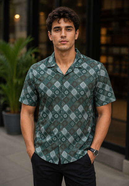 Geometric Print Cuban Collar Shirt