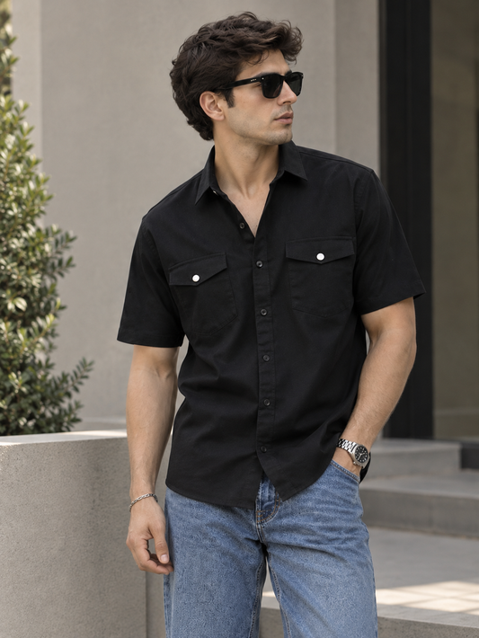 Black Denim Double Pocket Shirt