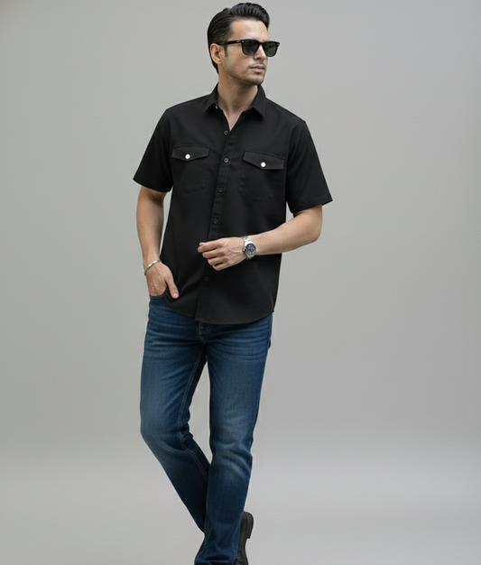 Black Denim Double Pocket Shirt