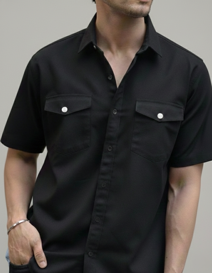 Black Denim Double Pocket Shirt