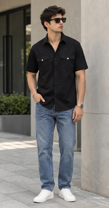 Black Denim Double Pocket Shirt